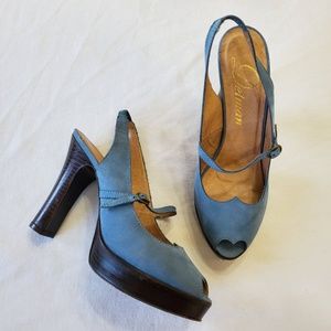DELMAN heart peeptoe slingback platform heels blue